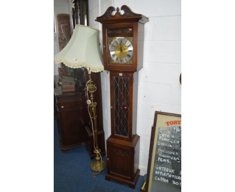 AN OLD CHARM OAK LINENFOLD LONGCASE CLOCK, brass and silvered dial with Roman numerals, height 202cm (three weights, one pend