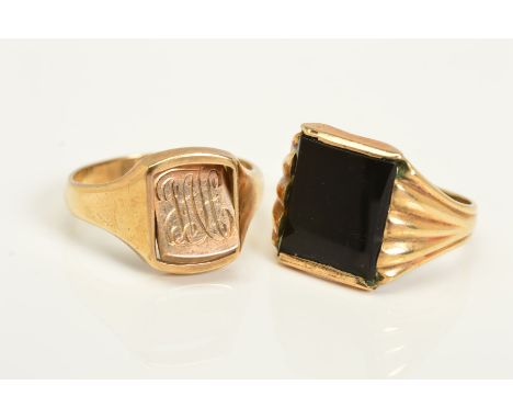TWO GENTLEMAN'S RINGS, the first a 9ct gold ring, the central rectangular panel with engraved Masonic square and compasses, t