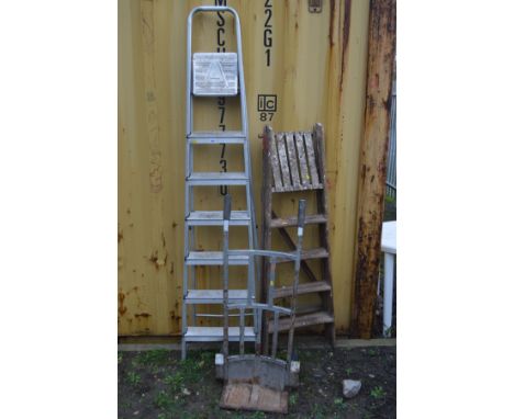 A SET OF ALUMINIUM STEP LADDERS, together with a set of wooden step ladders and a metal sack truck (3)