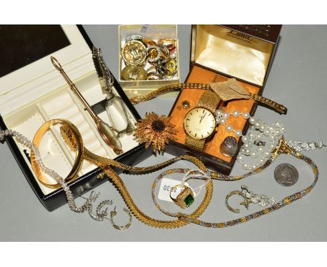 A SELECTION OF COSTUME JEWELLERY, to include a Sarah Coventry flower brooch, two pairs of lorgnettes, enamel clip earrings, f