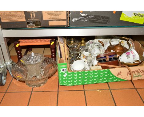 A BOX AND LOOSE CERAMICS, GLASS, SUNDRIES ETC, to include copper kettle, brass trivet, cased binoculars, small stool, Babycha