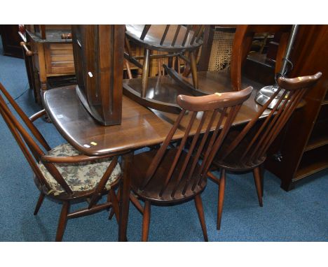 A DARK ERCOL DROP LEAF DINING TABLE extended width 151cm x closed width 104cm x depth 75cm x height 71cm and five chairs incl