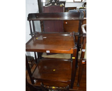 AN EDWARDIAN MAHOGANY TWO TIER STAND together with a Victorian mahogany four tier hanging wall shelf (2)