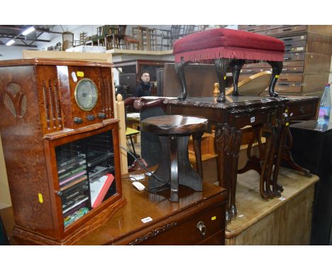 A STEEPLETONE CD/RADIO PLAYER, together with a mahogany nest of three tables, sofa table, footstool and occasional table (5)