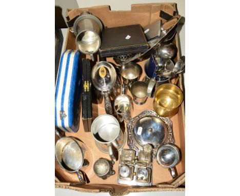 A BOX OF METALWARE, to include a butter dish, cased spoon and sugar tong sets, collectors spoons, miniature trowel, pewter ta