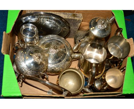 A BOX OF SILVER PLATE, including an EPBM four piece tea and coffee service, an Old Sheffield plate waiter and tankard, modern