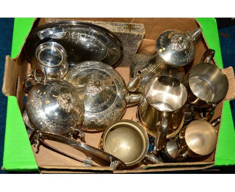 A BOX OF SILVER PLATE, including an EPBM four piece tea and coffee service, an Old Sheffield plate waiter and tankard, modern