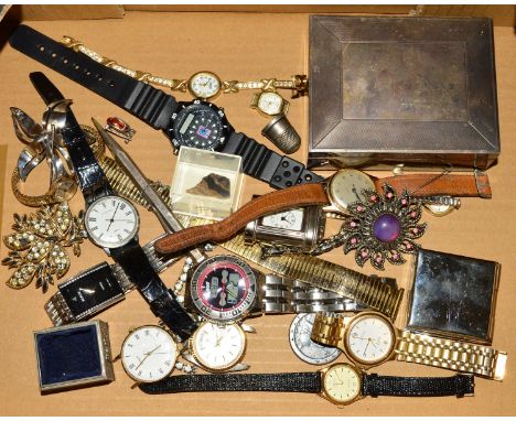 A SELECTION OF WRISTWATCHES, SILVER ITEMS AND COSTUME JEWELLERY, to include a silver retractable pencil, an Ingersol wristwat