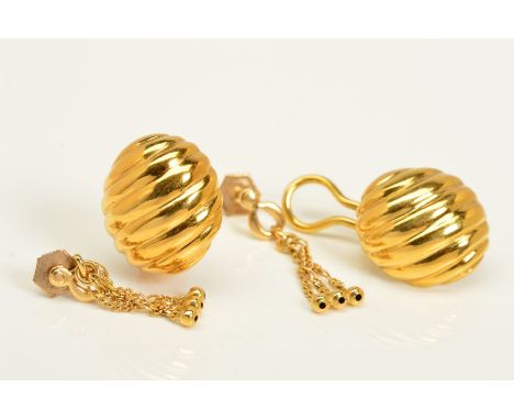 TWO PAIRS OF EARRINGS, the first pair designed as textured dome clip on earrings, with 18ct import mark for Sheffield 1996, w