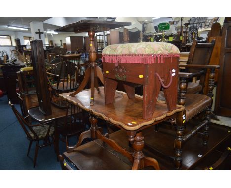 A REPRODUCTION BURR WALNUT TWIN PEDESTAL COFFEE TABLE, width 89cm x depth 45cm x height 51cm , a leather tilt top occasional 