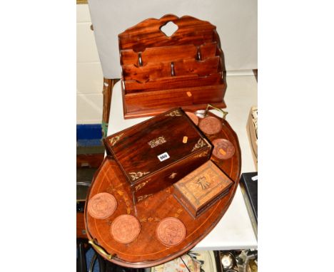 A TWIN HANDLED INLAID MAHOGANY GALLERIED TRAY, having satinwood flowers and bow decoration, length 64cm, with a mahogany lett