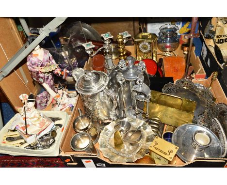 TWO BOXES AND LOOSE OF METALWARE, FLATWARE AND JAPANESE DOLLS, to include EPNS embossed pitcher, standing 32cm high, having b