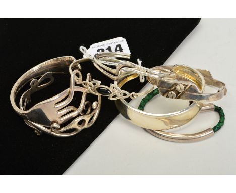 SEVEN BANGLES AND BRACELETS, to include a Mexican green leather cord bracelet with white metal tube detail, a fork bangle, th