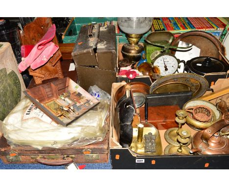 TWO BOXES AND LOOSE SUNDRY ITEMS, to include Salter 'Family' weighing scales, Lakeland 1.5litre slow cooker, copper oil lamp,