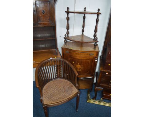 AN EDWARDIAN MAHOGANY CANE SEATED TUB CHAIR together with an Edwardian bow front single door unit and a late Victorian two ti