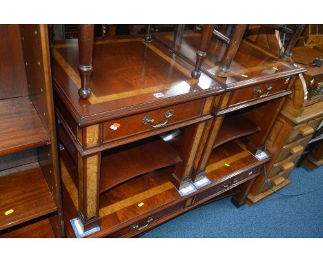 A MODERN MAHOGANY COFFEE TABLE with two drawers and undershelf, width 122cm x depth 66cm x height 47cm, and two matching side