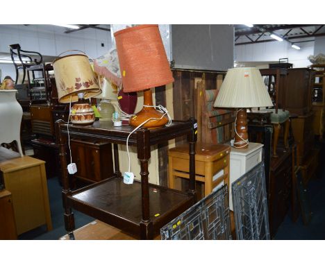 A QUANTITY OF OCCASIONAL FURNITURE to include an oak tea trolley, folding beech deck chair, stool and five mid century lamps 