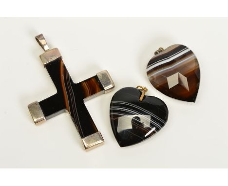 THREE BANDED AGATE PENDANTS, the first a heart, the second a faceted heart, the third a cross pendant with capped terminals, 