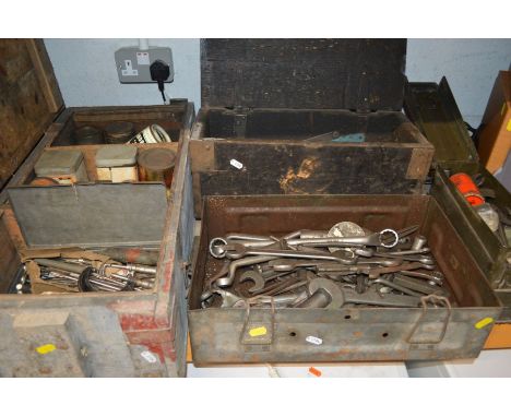 TWO WOODEN CRATES AND TWO METAL CASES containing various hand and precision tools including spanners, drill bits, etc (4)