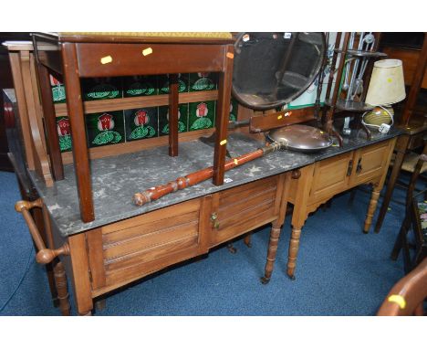 TWO EDWARDIAN MARBLE TOPPED WASHSTANDS, both are satinwood of differing designs, both have green tiled backs, both are 45cm d