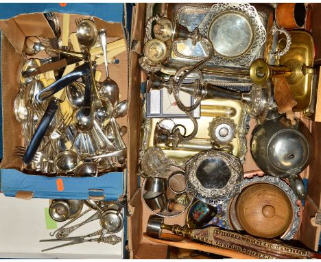 TWO BOXES OF MIXED CUTLERY, SILVER AND OTHER METALWARE, to include silver handled button hook, glove stretchers and shoe horn