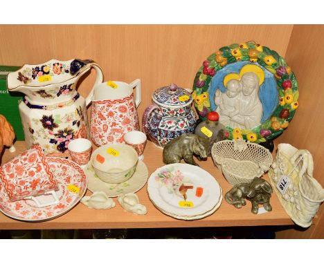 A GROUP OF CERAMICS, GLASS etc, to include Belleek items, Royal Worcester plates 'Wren' and 'Robin' (restored), two Johgus Bo