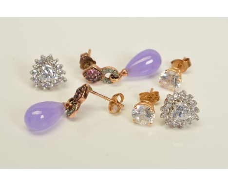 THREE PAIRS OF EARRINGS, the first a pair of circular colourless cubic zirconia studs, stamped 14k, the second pair designed 