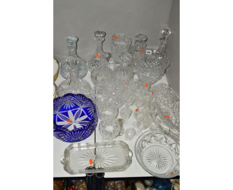 A COLLECTION OF CUT GLASS, including three Tudor cut glass decanters, one Webb cut glass decanter (no stopper), one faceted g