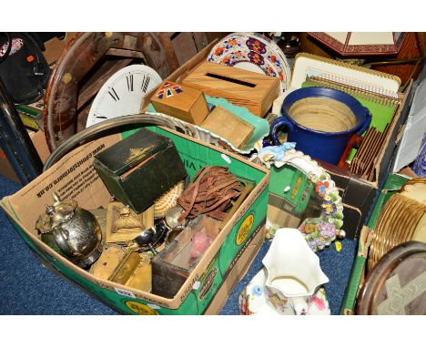 TWO BOXES AND LOOSE SUNDRY AND CERAMIC ITEMS, to include a distressed drop dial wall clock, Coalport 'Felt Spary' jug, small 
