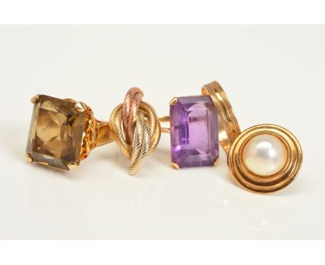 THREE RINGS AND TWO SINGLE EARRINGS, the rings to include a square cut smoky quartz in a four claw setting to the plain polis