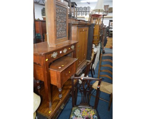A SMALL CARVED OAK HANGING CORNER CUPBOARD 54cm height, a Victorian Step Commode and a Georgian Hepplewhite style chair and a