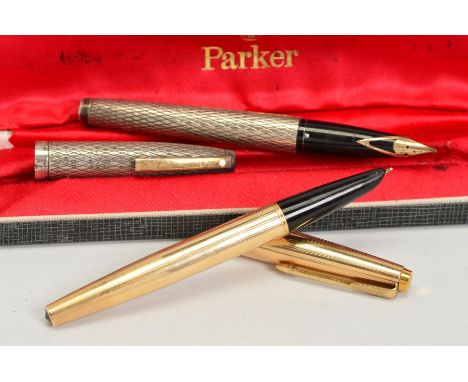 TWO FOUNTAIN PENS, to include a Sheaffer pen with engraved diamond shape detail to the case, stamped sterling, nib stamped 14