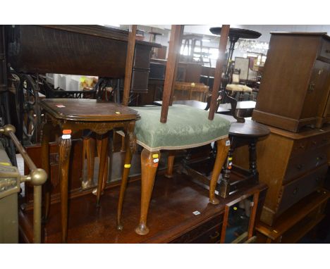 AN OAK PADDED DRESSING STOOL together with a circular oak occasional table, two occasional tables and two wall mirrors (6)