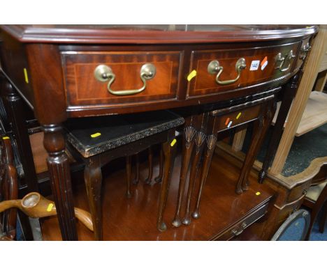 A REPRODUCTION MAHOGANY BOW FRONT SIDE TABLE with three drawers, width 102cm x depth 52cm x height 76cm and a mahogany sofa t