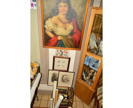 PICTURES AND PRINTS etc to include a portrait of a gypsy lady, indistinctly signed, oil on canvas, approximate size 77cm x 58