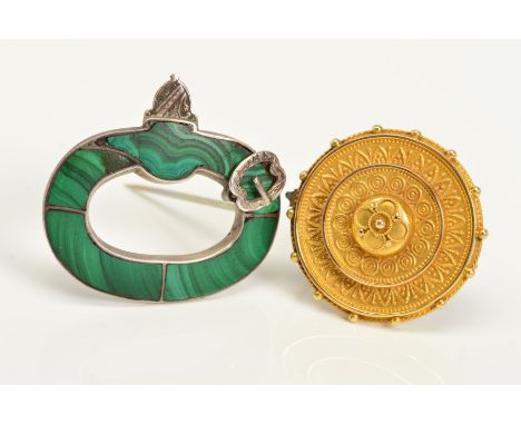 TWO LATE VICTORIAN BROOCHES, the first of a circular tiered cannetille design, with vacant memorial panel to the reverse, wit