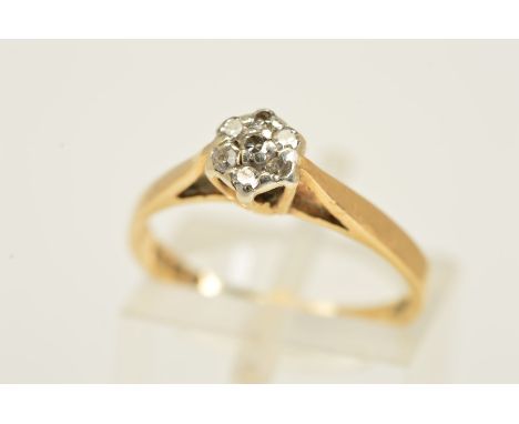 A 9CT GOLD DIAMOND RING, designed as a cluster of seven single cut diamonds, with 9ct hallmark for London 1981, ring size L, 