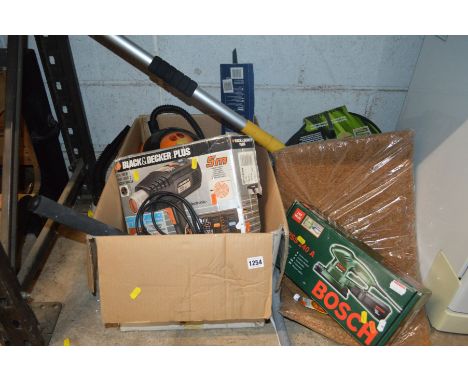 A BOXED BOSCH PSS 240 A ORBITAL SANDER together with a Black and Decker heat gun, Steam Easy Pro cleaner, saw, Workmate etc