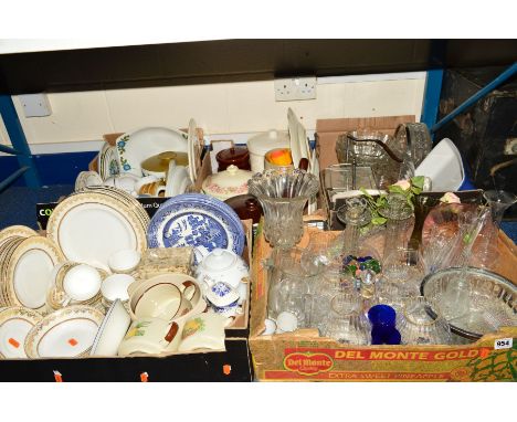 FIVE BOXES OF CERAMICS AND GLASSWARE to include Elizabethan 'Swiss Cottage' part dinner and tea service, Royal Stafford part 