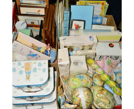 THREE BOXES AND LOOSE BEATRIX POTTER NOVELTY ITEMS, to include pictures, photo albums, address books, papier mache eggs, boxe