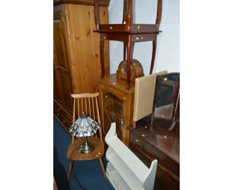 AN ERCOL ELM AND BEECH SPINDLE BACK CHAIR, (sd) together with an oak hi fi cabinet, two occasional tables, walnut mantel cloc