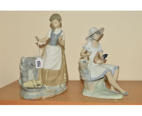 TWO NAO FIGURES, Girl with Broken Jug, No0223, height 29cm and seated girl feeding chicken, height 23.5cm (2)