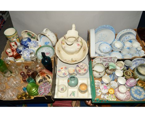 FOUR BOXES AND LOOSE CERAMICS AND GLASSWARE to include  Poole Pottery hors d'euve dish, bowls, candle holder (a/f) etc, Grays