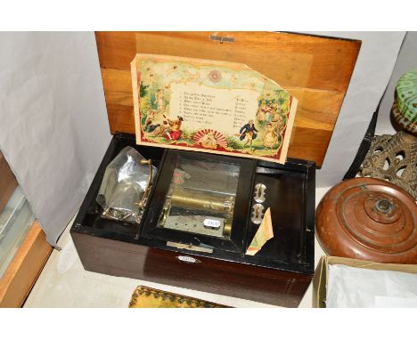 A LATE VICTORIAN EBONISED AND ROSEWOOD STAINED CYLINDER MUSIC BOX, the lid transfer printed with Royal crest, paper list of e