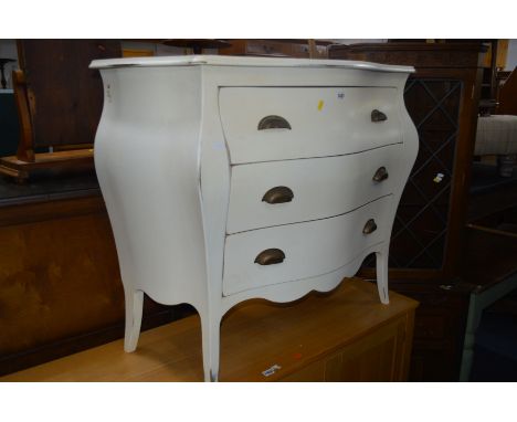 A PAINTED BOMBE COMMODE CHEST OF THREE DRAWERS, width 103cm x depth 42cm x height 85cm together with an oak corner cupboard (