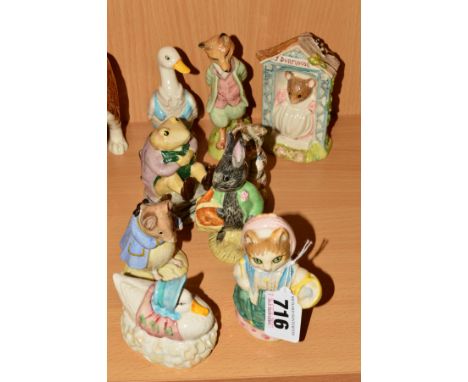 NINE ROYAL ALBERT BEATRIX POTTER FIGURES, comprising 'Cousin Ribby', 'Jemima Puddle-Duck Made a Feather Nest', 'Gentleman Mou