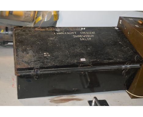 A BLACK PAINTED METAL TRUNK, width 90cm x depth 48cm x height 31cm