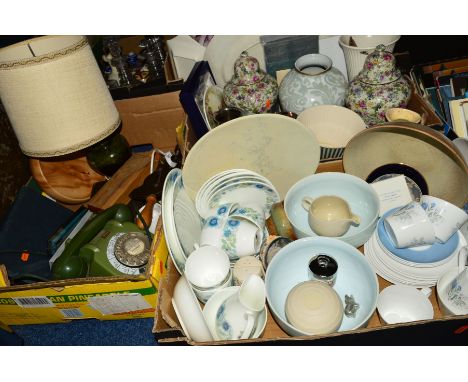 THREE BOXES OF CERAMICS, SUNDRIES etc, to include a marmalade cutter, a table lamp, a green dial up telephone, cased and loos