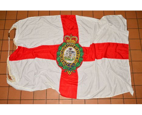 A LARGE MILITARY STYLE FLAG, with a honi soit qui y pense Coat of Arms etc, flag is approximate 190cm x 120cm in size with me