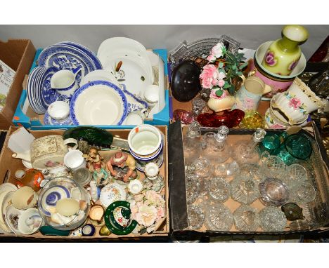 FOUR BOXES OF CERAMICS AND GLASSWARE, to include glass decanters, Midwinter plates, 'Willow' pattern part dinnerwares, etc